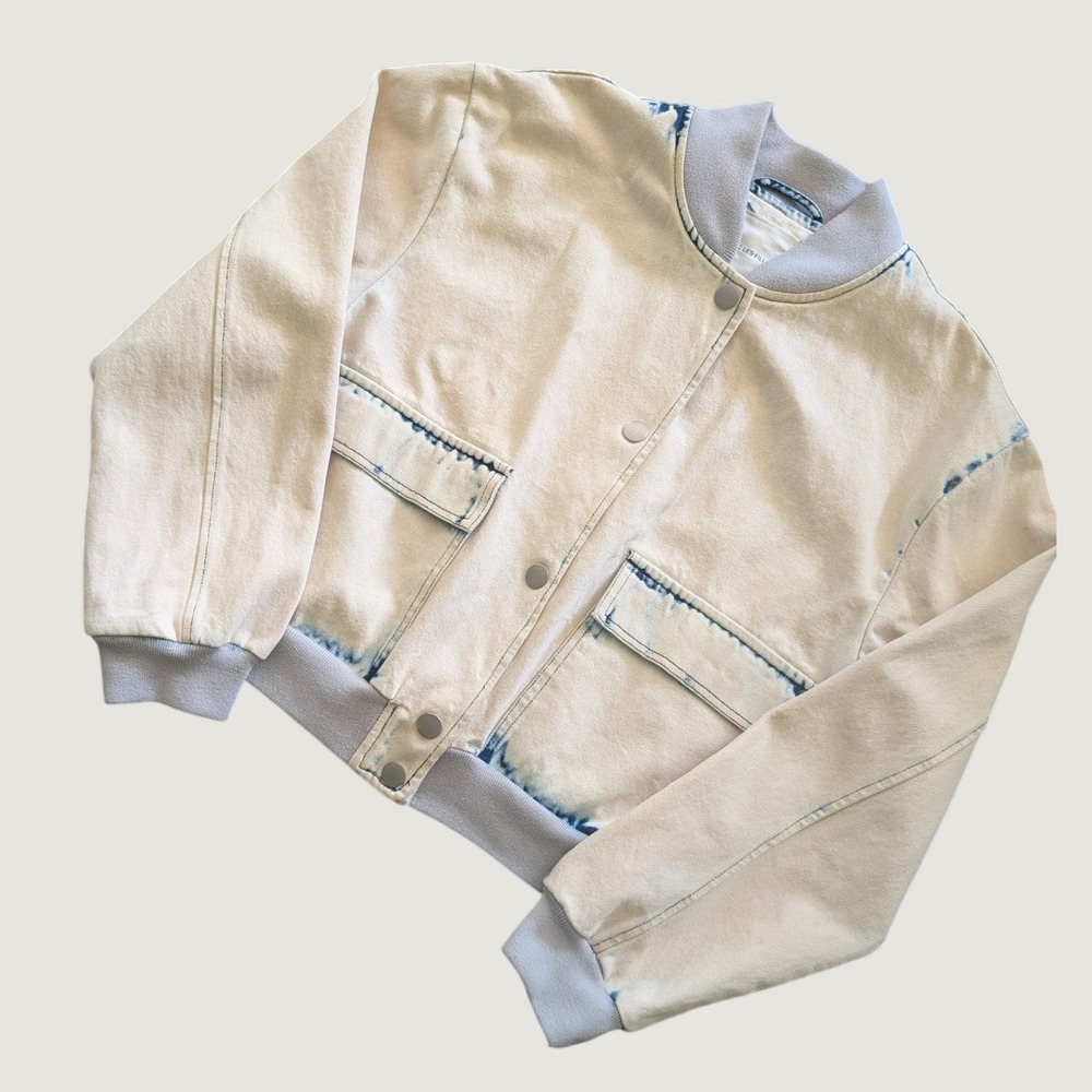 Avec Les Filles Washed Denim Bomber Jacket XS Cream Distressed Streetwear Boho